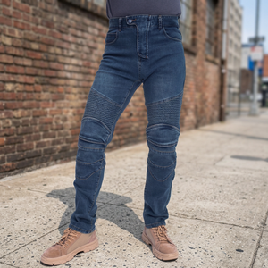 Jean en toile pour homme, coupe slim, grande taille, style motard, bleu, tricoté, réversible, respirant, à devant plat, pull-over - Product Image 4