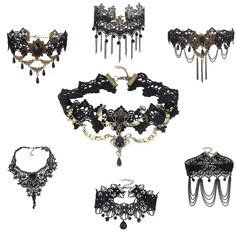 Sexy Gothic Chokers Black Lace Necklaces for Women Stone Collar Vintage Victorian Chocker Steampunk Halloween Goth Party Jewelry