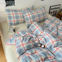 Parure de lit 4 pièces en microfibre lavée, motif géométrique à carreaux, drap de lit et housse de couette trois ou quatre pièces – Vente chaude