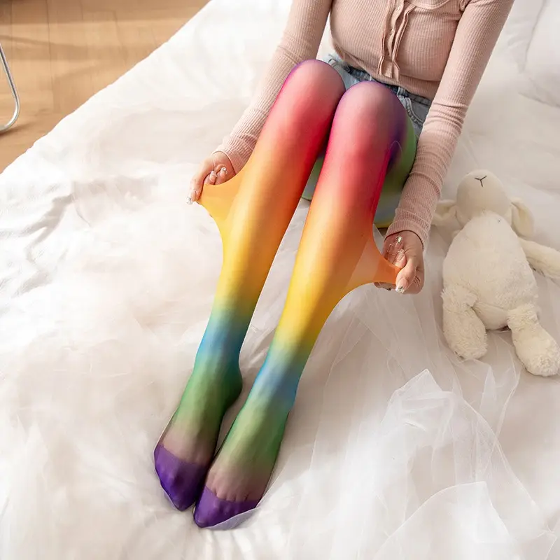 Радужные носки тонкие персонализированные полосатые цветные весенне-осенние градиентные колготки сексуальные праздничные шелковые чулки