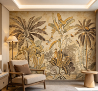 Papier peint mural vintage tropical avec palmiers et oiseaux pour salon, hall d'hôtel et salon de thé