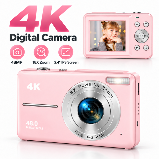 Digital Camera 4K FHD Compact Camera 48MP 18X Digital Zoom Simple Portable Vlogging Camera for Kids Students Beginner