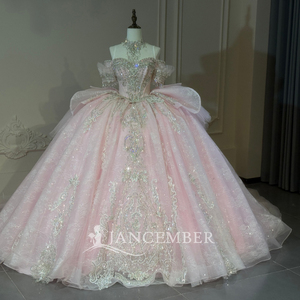 Xs317 Stunning Pink Sweetheart Cold Shoulder Crystal Vine Corset Bow <b>Glitter</b> Ball Gown Modern Floor-Length Quinceanera Dress - Product Image 4