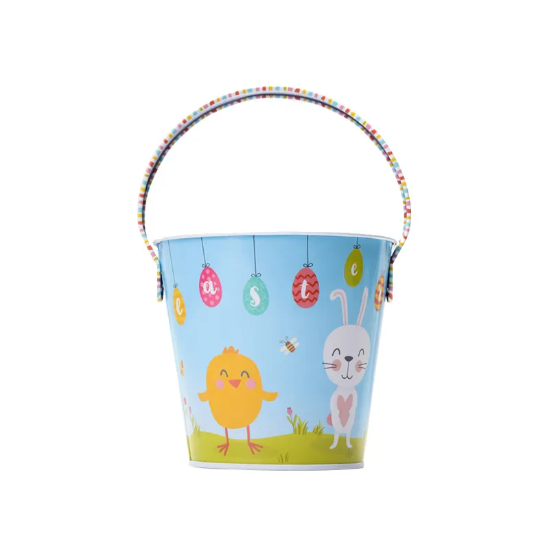 Promocional Páscoa Gift Tin Bucket Com Handle Metal Bucket Para Crianças Gift Candy Chocolate Easter Egg Custom Small Tin Bucket