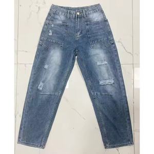 กางเกงยีนส์สีน้ำเงินวินเทจสำหรับผู้หญิง ทรงแบ็กกี้ ทรงบาร์เรล ทรงฮอร์สชู กระเป๋าหน้า ซักได้ แต่งผ้าปะติด ขอบเอวยางยืด - Product Image 5