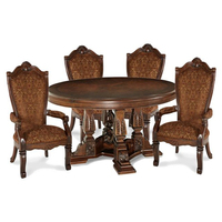 Ensemble de salle à manger rond en bois massif sculpté antique, 4 chaises rembourrées en tissu, fabrication artisanale, meubles écologiques pour la maison