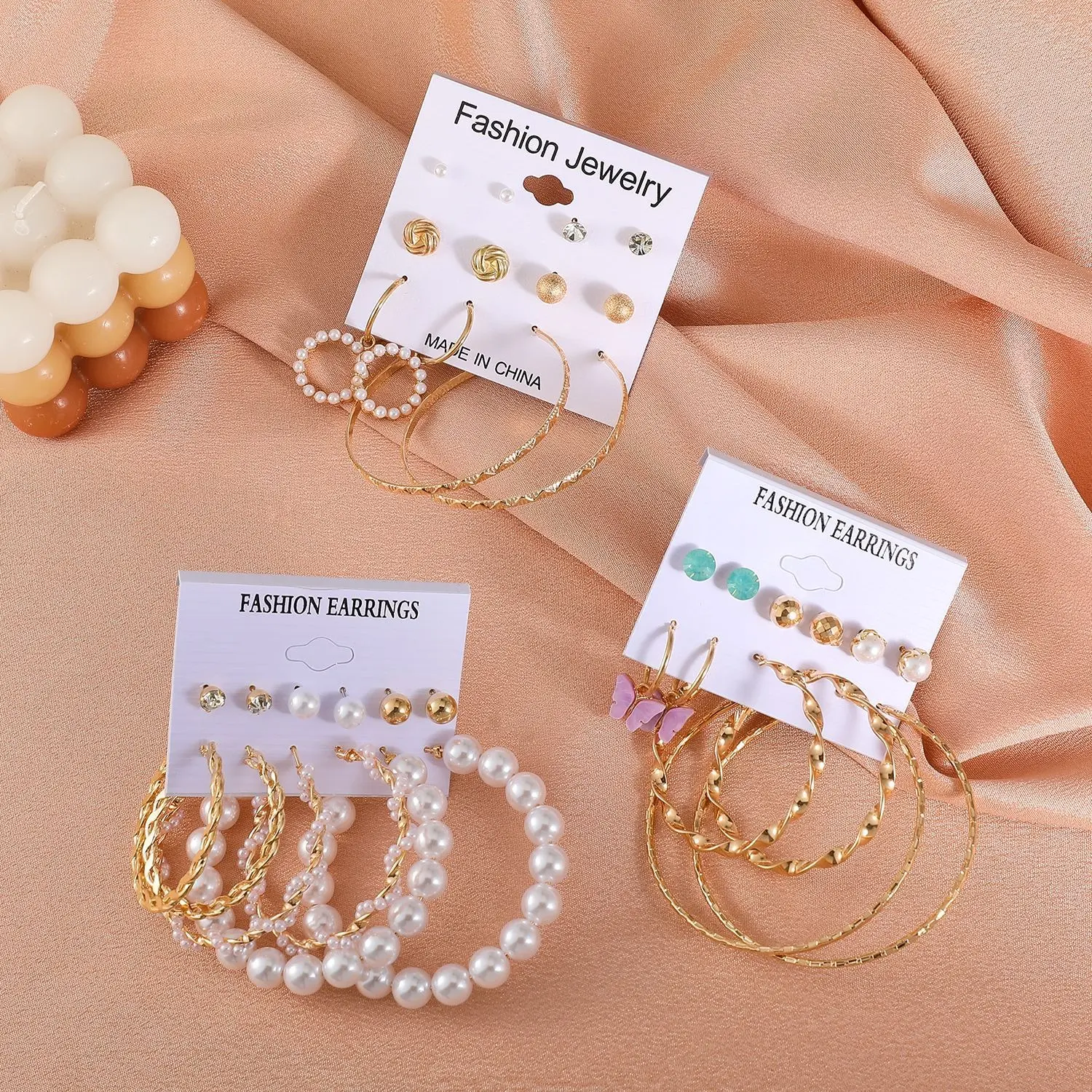 latest pearl earrings set INS style ear round alloy irregular fashion modern trendy cute bow peearl jewelry set for women