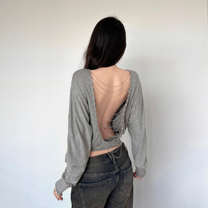 Sexy Grey <b>Sheer</b> Knit Backless Top with Chain Detail Long Sleeve Loose Fit Perspective <b>Cover</b> <b>Up</b> Fashion Casual Blouse - Product Image 4
