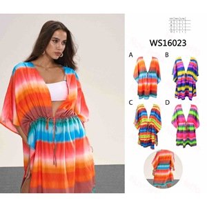 HDJ Tie Dye Chiffon Kimono Cover Up Drawstring Waist Knee Length ชุดว่ายน้ำผู้หญิงชุดชายหาดขนาดบวก M/L L/XL - Product Image 2