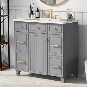 36 Inch Cool Style Custom Dark Grey Wooden Bathroom Cabinet 90cm Bathroom Vanity With Wash Basin
