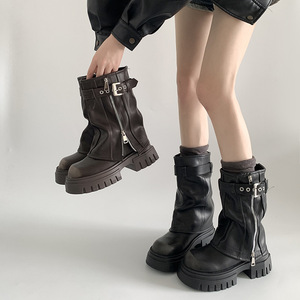 <span class=keywords><strong>Stivali</strong></span> Corti Neri alla Moda con Suola Spessa e Gambale Largo, Doppia Cerniera, Stile Western da Donna a Metà Polpaccio - Product Image 3