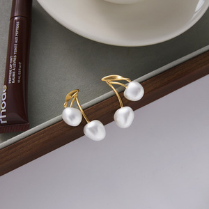 Pearl Cherry Drop <b>Earrings</b> <b>Gold</b> Tone Imitation Pearl Fruit Shape Fashion <b>Dangle</b> <b>Earrings</b> - Product Image 4