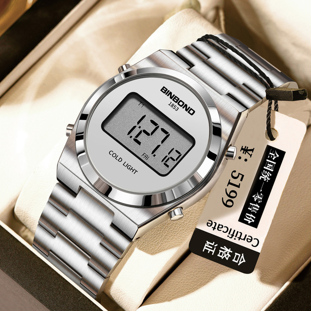 BINBOND D107 Trend Digital LCD Electronic Solid Steel Band Eco-Friendly Retro Fashion Casual Business watch