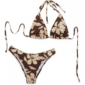 Conjunto de Bikini Floral Boho para Mujer, 2 Piezas, Halter con Tiras Ajustables, Traje de Baño Elástico con Estampado Digital, Spandex y Poliéster - Product Image 1