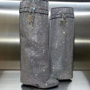 Botas brillantes de lujo, botas de cuero suave de alta calidad, botas hasta la rodilla a la moda para mujer, botas con diseño de hebilla con cierre de Metal - Product Image 3