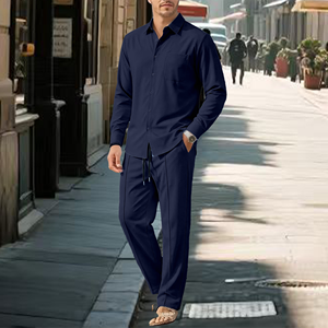 Ensemble de vêtements pour <span class=keywords><strong>homme</strong></span> printemps : <span class=keywords><strong>chemise</strong></span> boutonnée unie et <span class=keywords><strong>pantalon</strong></span> à cordon de serrage - Product Image 4