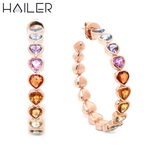 Modernos Pendientes de Aro con Cierre de Rosca de 5MM, Diseño de Corazó<span class=keywords><strong>n</strong></span> a Corazó<span class=keywords><strong>n</strong></span>, con Zafiros Multicolores, Plata de Ley 925 para Mujer - Product Image 1