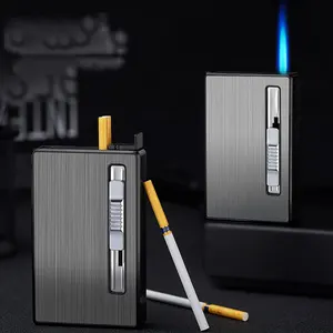 Long thin automatic cigarette box Pyrotechnics cigarette case with torch Blue flame lighter