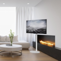 Support de télévision au sol moderne PEACEMOUNTS avec lampe intégrée sur la base, blanc/noir, pour salon, téléviseurs de 32 à 65 pouces