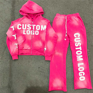 맞춤형 코튼 투피스 아플리케 패치 자수 플레어 스웨트 팬츠 및 후디 스트리트 대형 산성 워시 스웨트 슈트 - Product Image 3