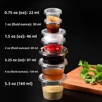 Couvercles de gobelets à sauce jetables transparents de qualité alimentaire, étanches, pour emballage à emporter, personnalisables, capacité 1oz-4oz, échantillons gratuits, MOQ 10000