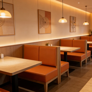 Modern <b>Restaurant</b> Furniture <b>Set</b> With Wood Frame Orange PU Leather Upholstery Faux Marble Table Top Contemporary Design - Product Image 2