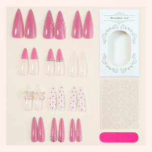 24 <span class=keywords><strong>faux</strong></span> <span class=keywords><strong>ongles</strong></span> roses en amande à motif pois français avec strass, en ABS de haute qualité, à presser, réutilisables pour application sur les doigts - Product Image 3