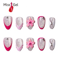 Faux ongles artificiels longue durée en gros, à presser, avec paillettes, en gel souple, forme amande, avec design français rose et colle