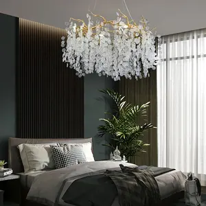 Lampu Gantung LED, Material Aluminium Emas, Lampu Kaca Kristal, Ruang Tamu Kamar Tidur, Cincin Tempat Lilin
