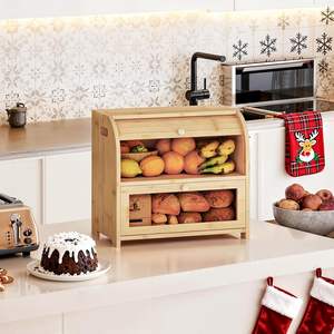 Boîte à pain en bambou avec porte coulissante en acrylique, matériau en bambou naturel, double couche, organisateur de comptoir de cuisine, conservation de la fraîcheur - Product Image 5