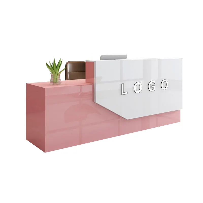 Customized size & logo Office building front artificial stone front counter pink reception desk