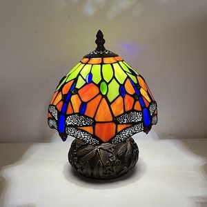 LongHuiJing 8Inch European Pastoral Vintage Tiffany Table Lamp Orange <b>Decor</b> with Blue Dragonfly Pattern Stained Glass Lampshade - Product Image 2