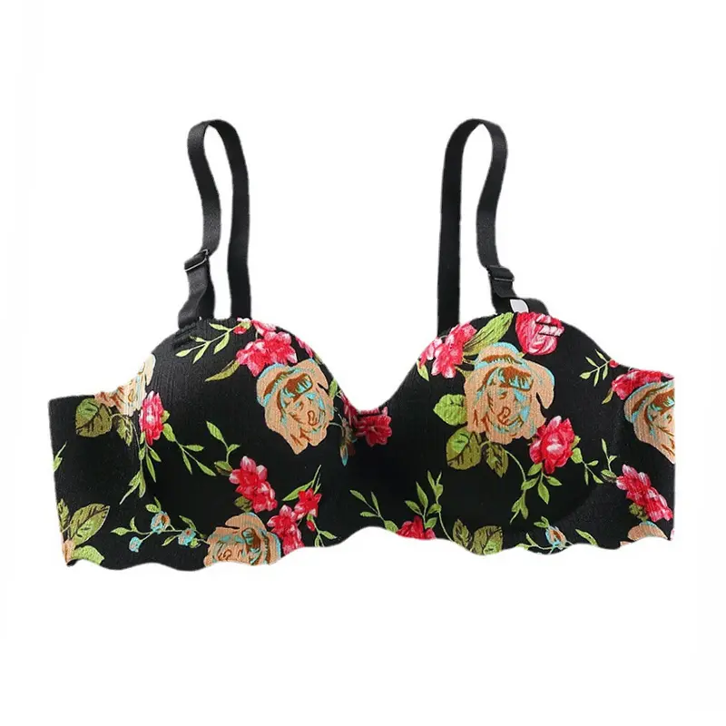 Hot Popular Women's Nylon Wire Free Bra Floral Print Push Up Comfortable Lingerie