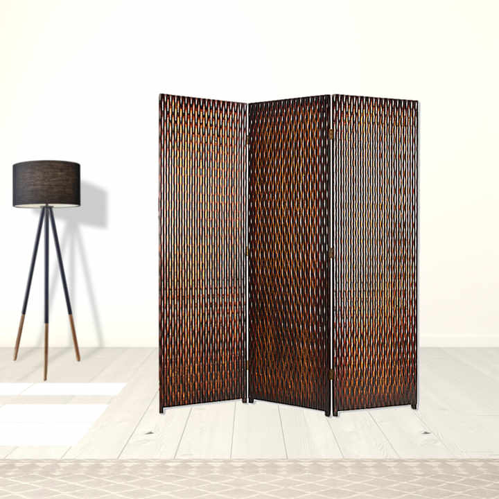 HMS 1\" X 63\" X 72\" Brown Wood 3-Panel Screen Antique Modern Art Deco Style Foldable Movable Room Divider Printed Design