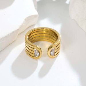 1PC Bague ouverte rayée en acier inoxydable plaqué or 18 carats - Double goutte d'eau en zircon, bijou tendance polyvalent pour les rassemblements décontractés - Product Image 4