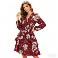 Nouvelle Arrivée 2026 – Robe Cache-Cœur Femme à Imprimé Floral, Col en V, Manches Bouffantes, Taille Haute Ceinturée – Vente en Gros, En Stock