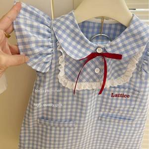 Child Star Circle Girls Blue Plaid Flutter Sleeve Dress Summer Breathable School Style Lace Collar Dress - Product Image 4