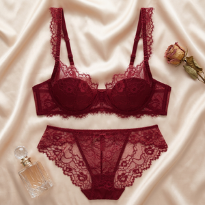 Conjunto de lencería de encaje rojo para mujer al por mayor, sexy conjunto de sujetador push-up con aros y bragas, lencería romántica de encaje, conjunto de lencería de talla grande - Product Image 1