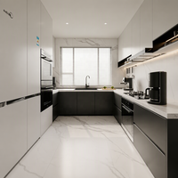Meuble de cuisine modulaire moderne en verre à grain de bois écologique avec LED, charnières, tiroirs, paniers et cadre en aluminium noir pour rangement personnalisé