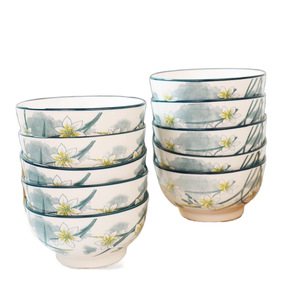 <b>Ceramic</b> Rice Bowl Set With Daffodil Design Stackable Household Steamed <b>Egg</b> Bowl 6pcs High Temperature Underglaze Decoration - Product Image 5