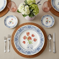 Service de table en céramique bleu et blanc de style chinoiserie, vaisselle de restaurant, écologique, compatible lave-vaisselle, prêt à la vente pour la maison et la cuisine