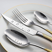 Ensemble de couverts en acier inoxydable 4 pièces, deux tons argent et or, manche texturé diamant, finition miroir, fourchette, couteau, cuillère pour mariage
