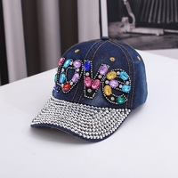 Casquette de baseball incrustée de diamants, motif LOVE, 6 panneaux, ajustable, en jean, style européen et américain, pour un look professionnel et polyvalent