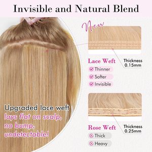 Extensions de cheveux à clipser, courtes, bouclées, ondulées, blondes, invisibles, en dentelle, naturelles, douces, blondes dorées - Product Image 4