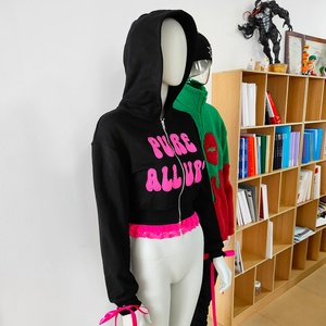 Latest Custom Design 100% Cotton Thick French Terry Hoodies for Women Patch Embroidery logo Top Lace <b>Zip</b> <b>up</b> <b>Cropped</b> Hoodies - Product Image 2