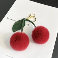 Porte-clés Pompon Cerise Adorable en Fausse Fourrure Moelleuse, Double Anneau, Breloque de Sac pour Femmes et Filles, Accessoire Cadeau