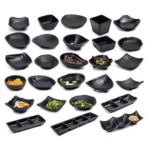 Juego de vajilla de plástico negro para restaurante, set cuadrado de vajilla de melamina para comida, pizza, sushi, microondas, estilo japonés