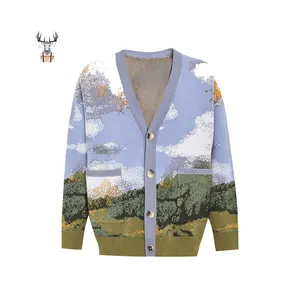 Nanteng Custom High Quality Trendy Landscape Button Up Patched Pocket Fancy Knit Men Cardigan Sweater