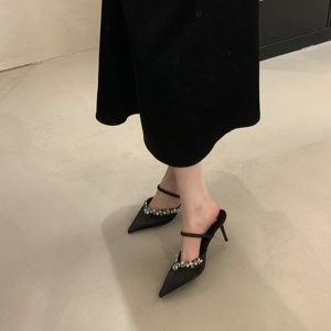 2024 New Pointed Rhinestone High-heeled Champagne-colored Sandals Half-tow Outer Wear Women's in Stock 35-40 - Product Image 4