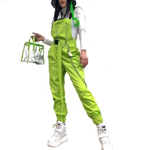 荧光霓虹绿色连身衣女夏季链条货物运动服时尚修身棉扣长连身衣